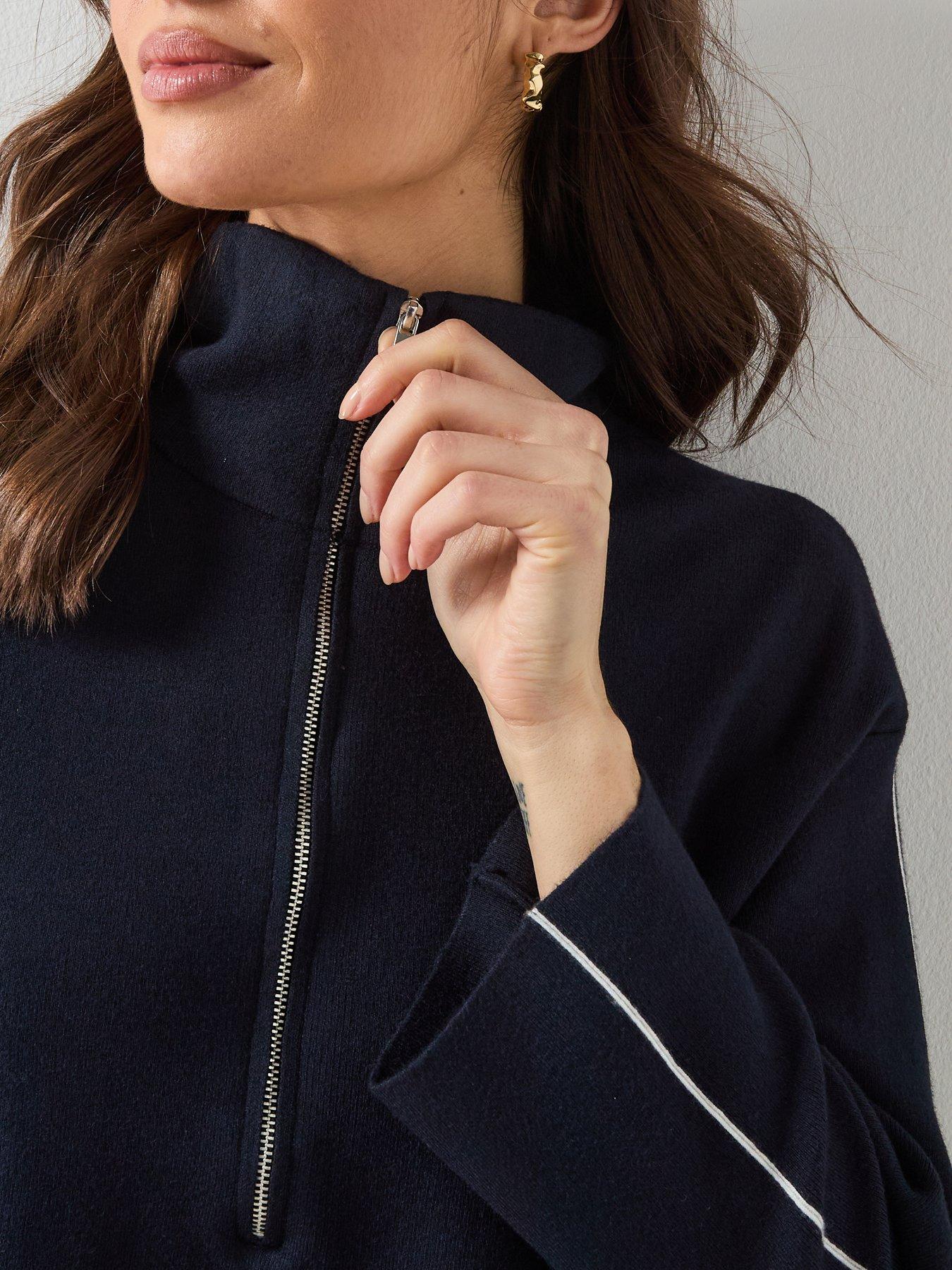  image of mango-zip-neck-contrast-stripe-sweater-navy