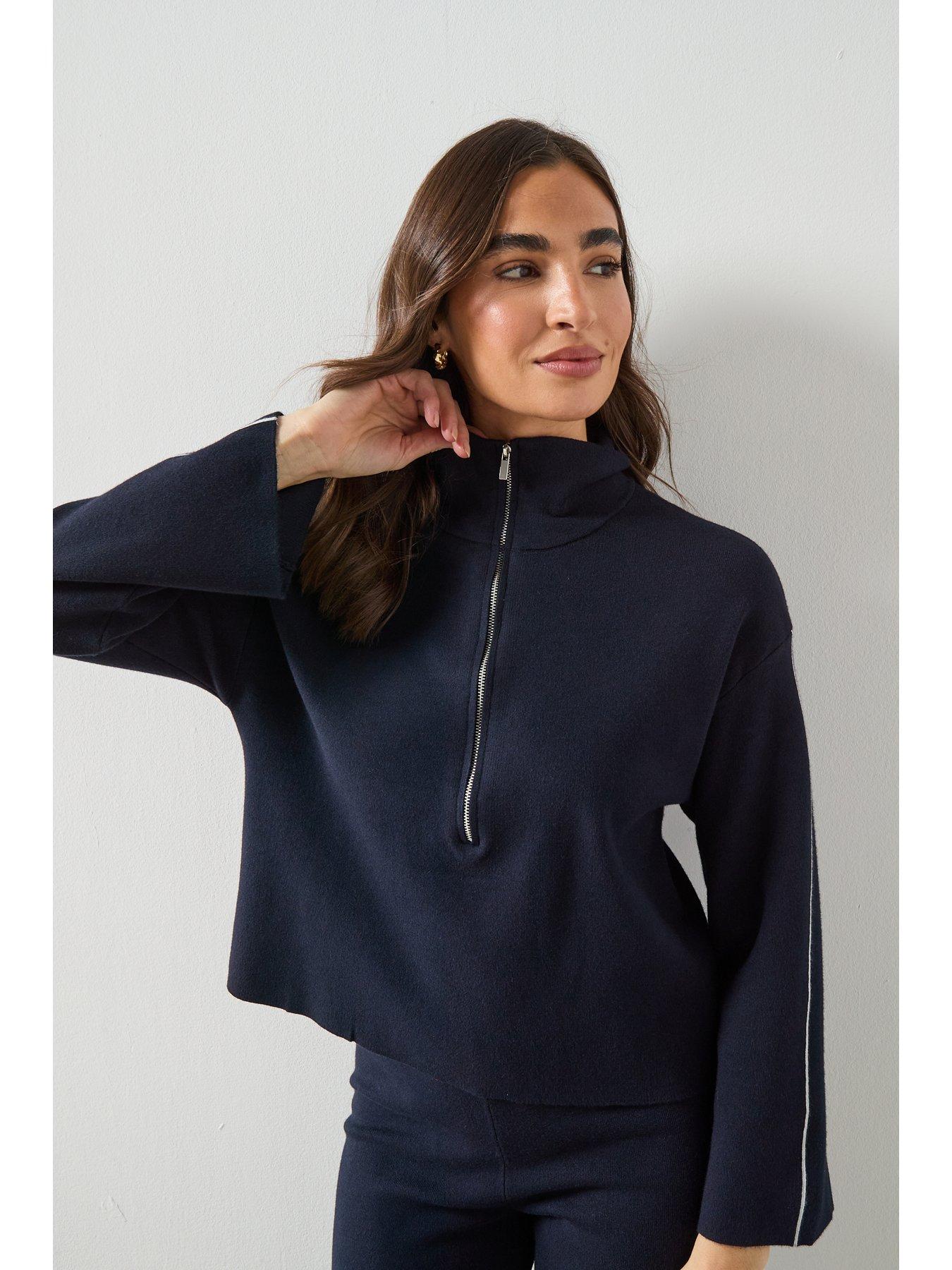  image of mango-zip-neck-contrast-stripe-sweater-navy
