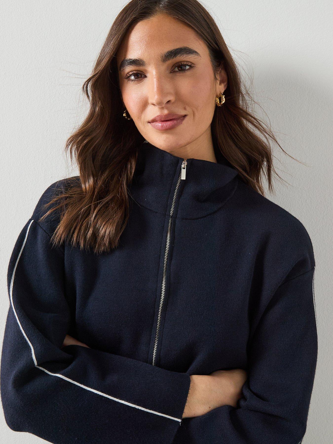  image of mango-zip-neck-contrast-stripe-sweater-navy