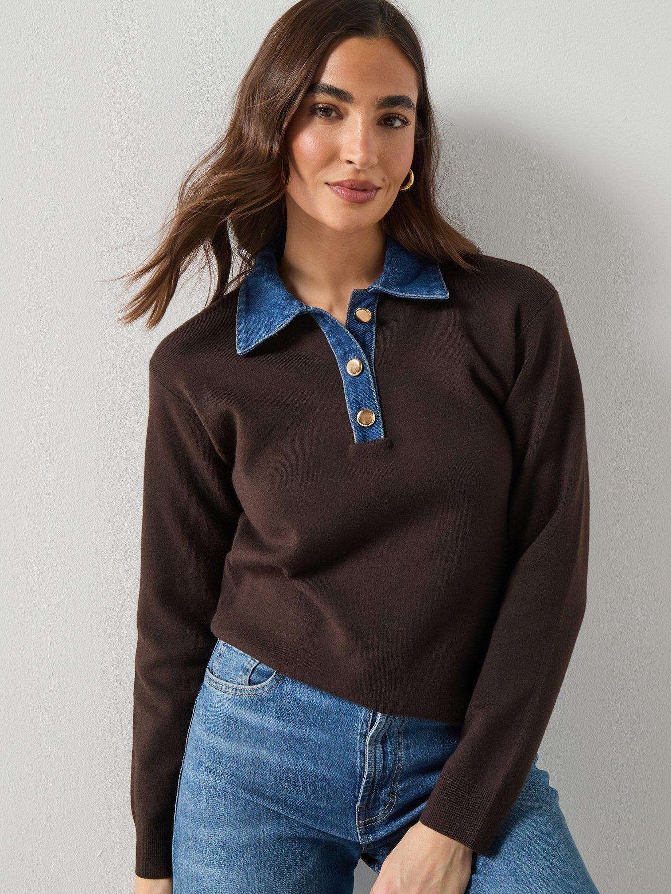 front image of mango-combined-shirt-collar-sweater-brown