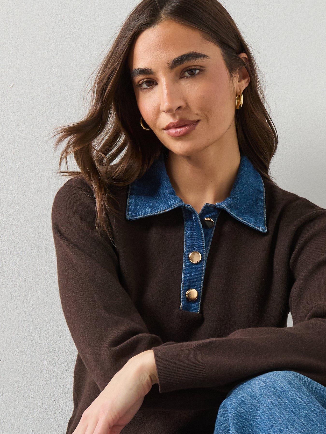  image of mango-combined-shirt-collar-sweater-brown