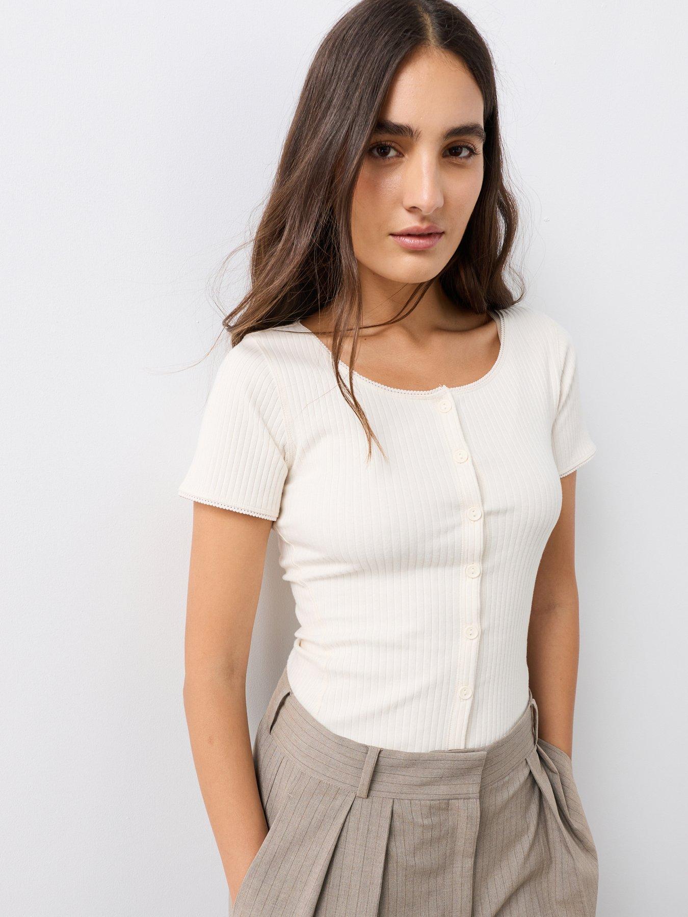 The Very Collection Button Through Lace Trim Ribbed Tee