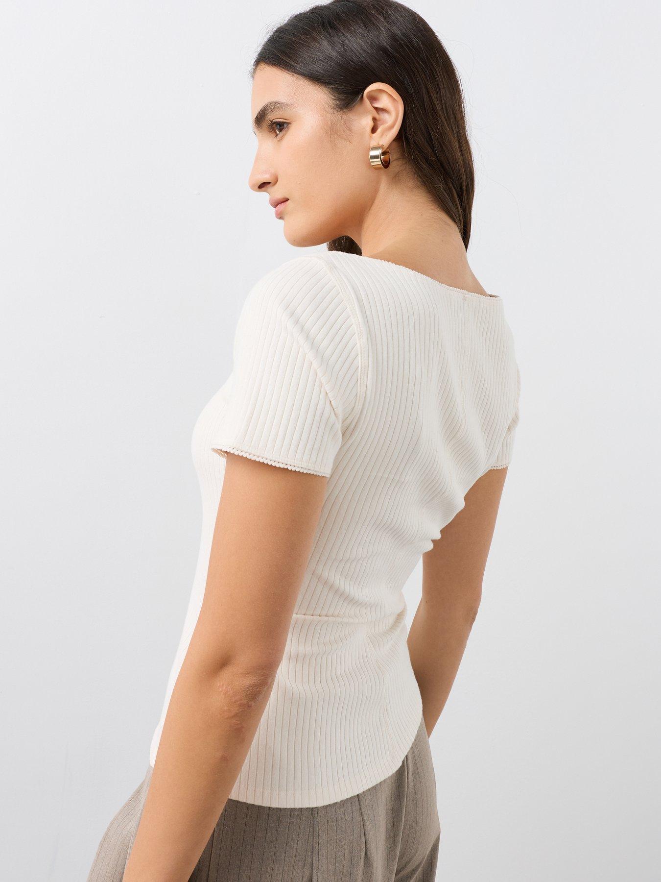 Image 2 of 7 of The Very Collection Button Through Lace Trim Ribbed T-Shirt - Cream
