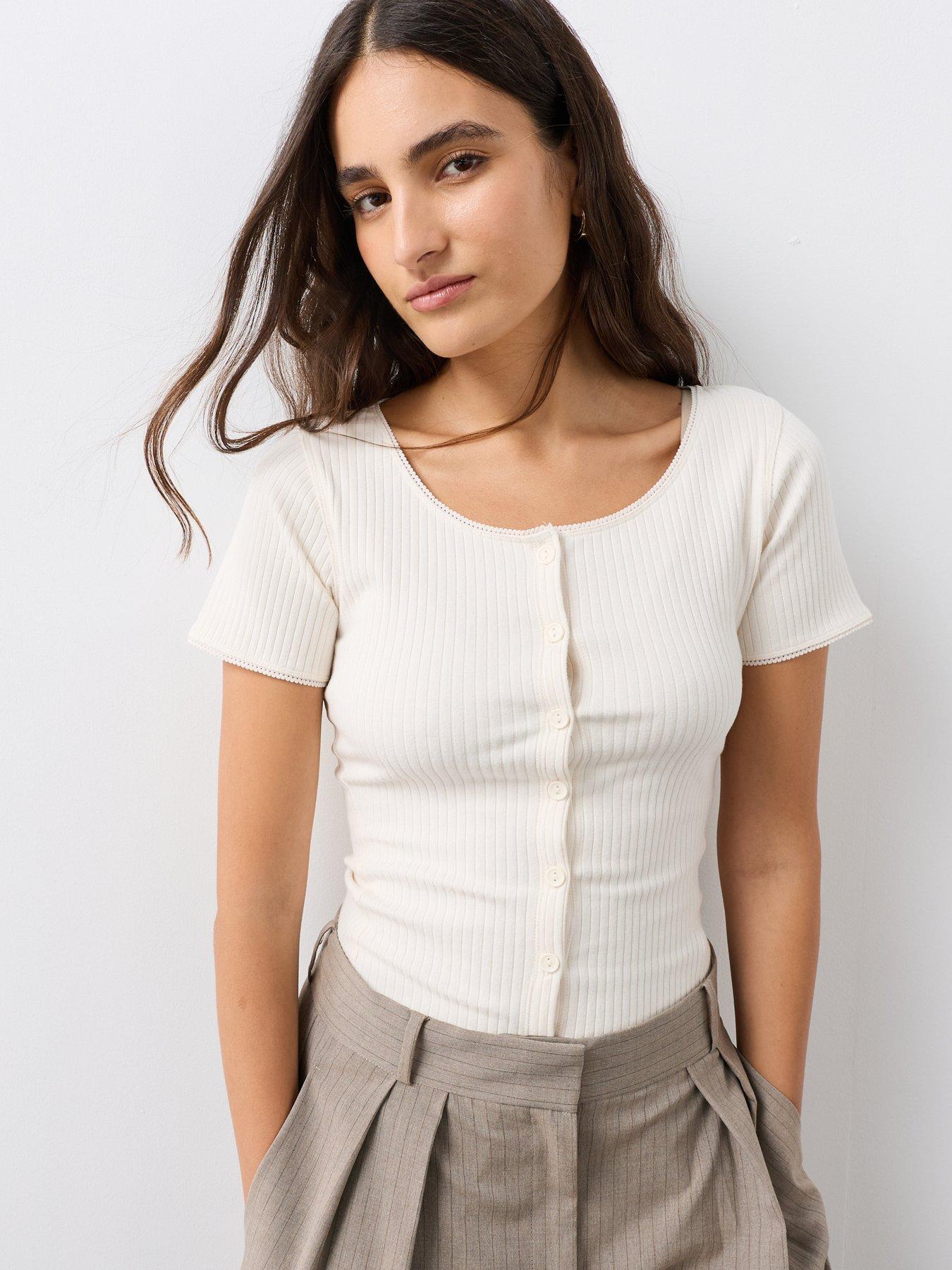 Image 6 of 7 of The Very Collection Button Through Lace Trim Ribbed T-Shirt - Cream