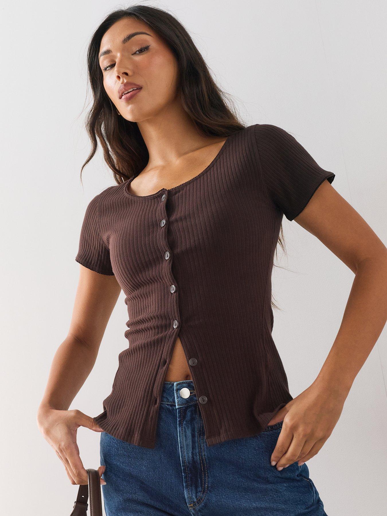 Image 1 of 6 of The Very Collection Button Through Lace Trim Ribbed Tee