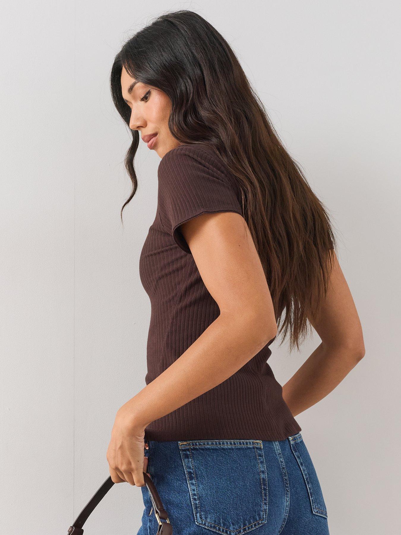 Image 2 of 6 of The Very Collection Button Through Lace Trim Ribbed Tee