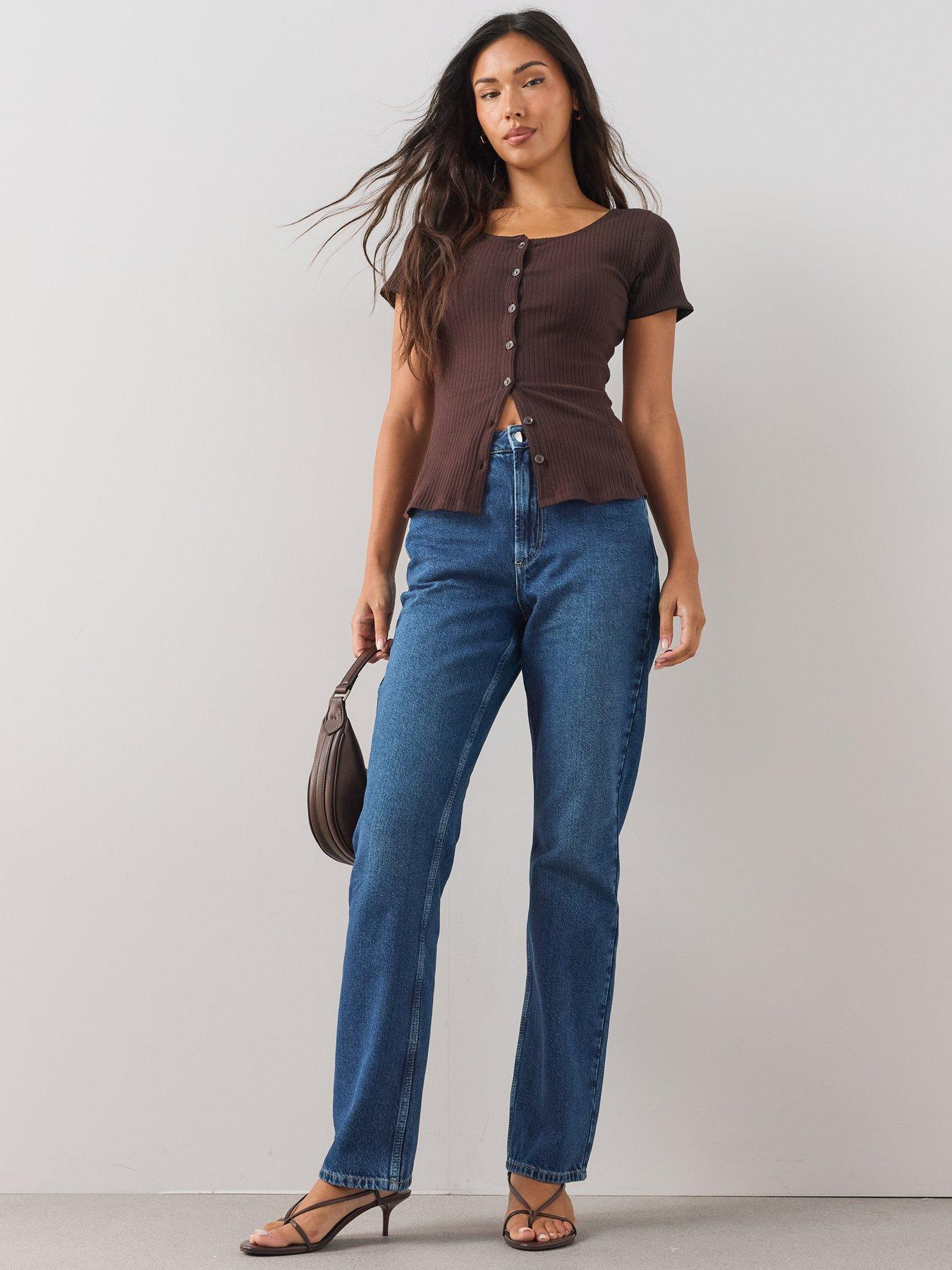 Image 3 of 6 of The Very Collection Button Through Lace Trim Ribbed Tee