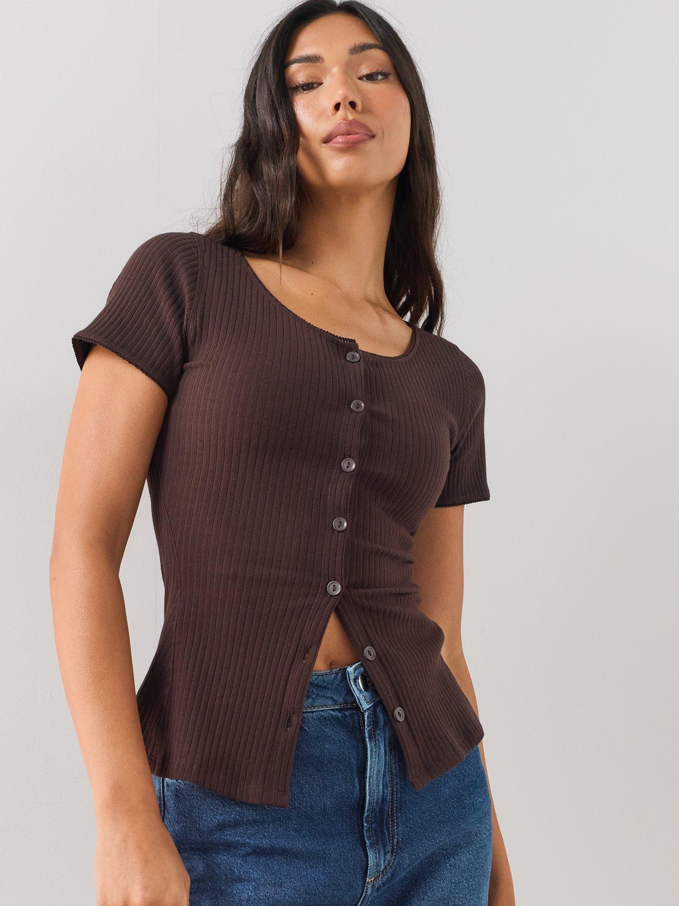 Image 5 of 6 of The Very Collection Button Through Lace Trim Ribbed Tee