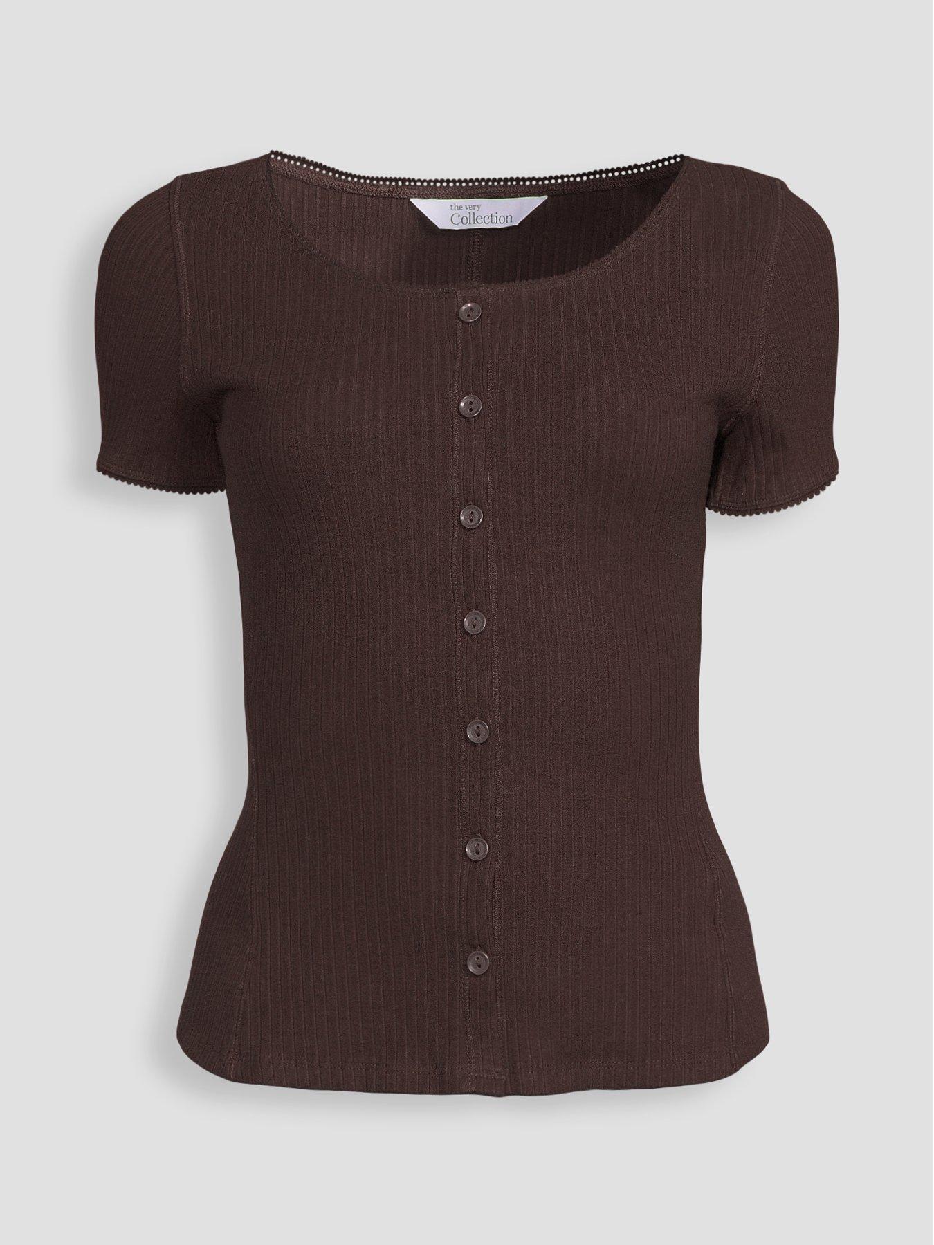 Image 6 of 6 of The Very Collection Button Through Lace Trim Ribbed Tee