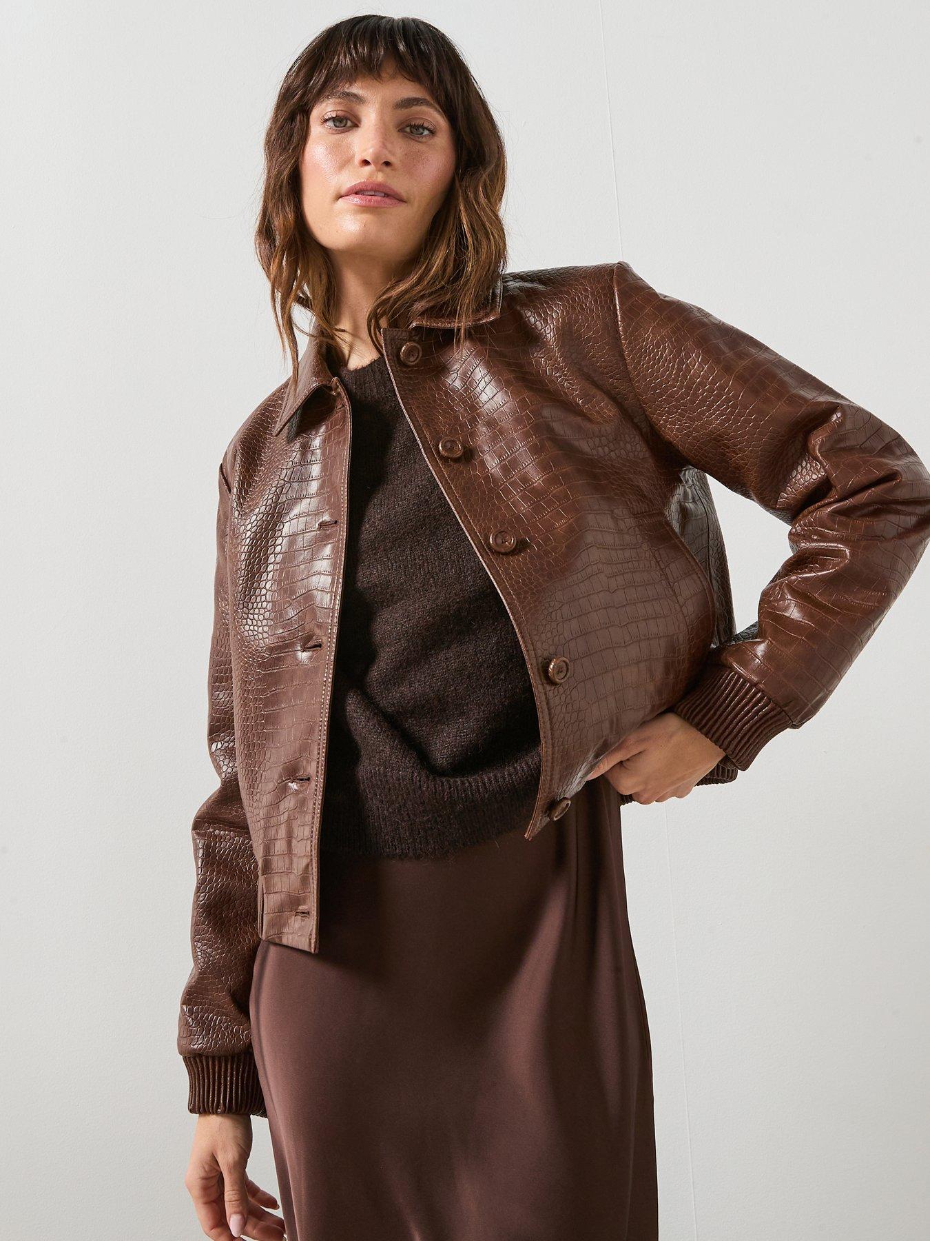 Mango Croc Effect Bomber Jacket - Brown