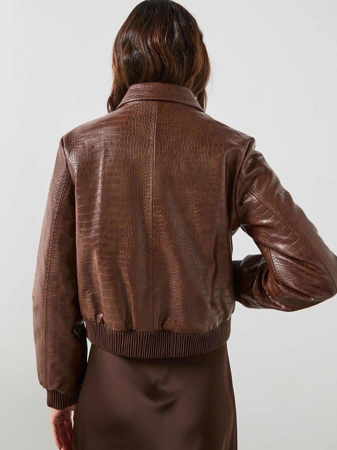  image of mango-croc-effect-bomber-jacket-brown