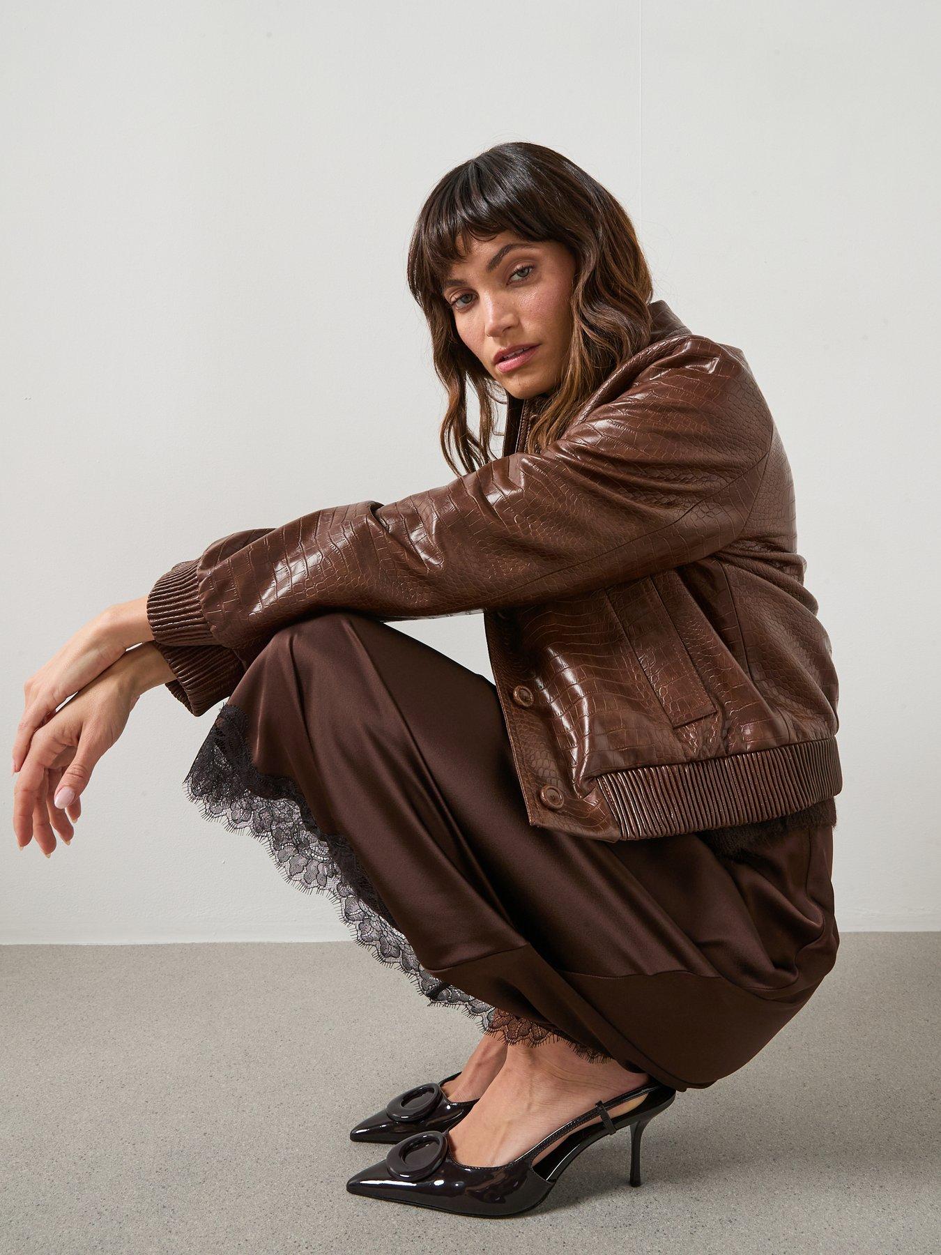  image of mango-croc-effect-bomber-jacket-brown