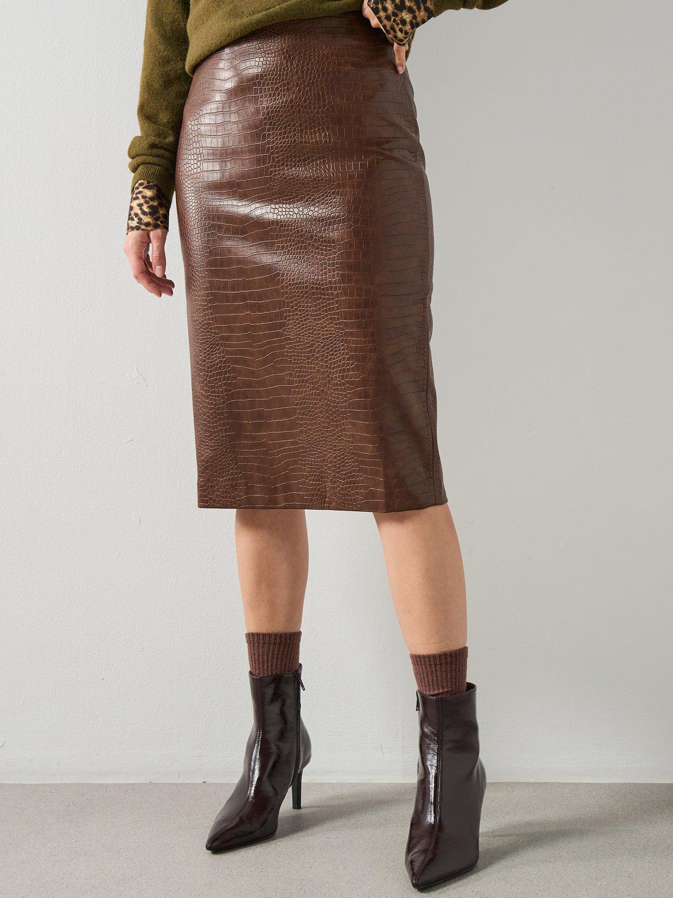 Image 1 of 6 of Mango Croc-effect Midi-skirt - Brown