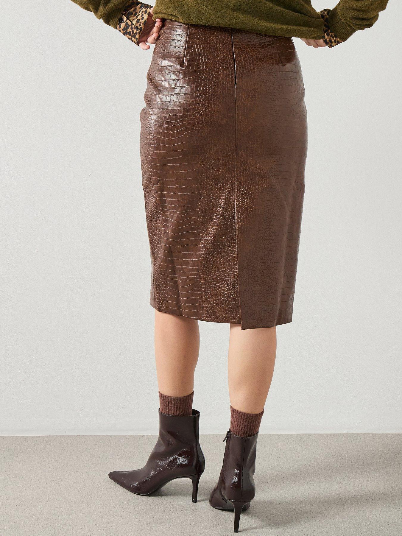 Image 2 of 6 of Mango Croc-effect Midi-skirt - Brown