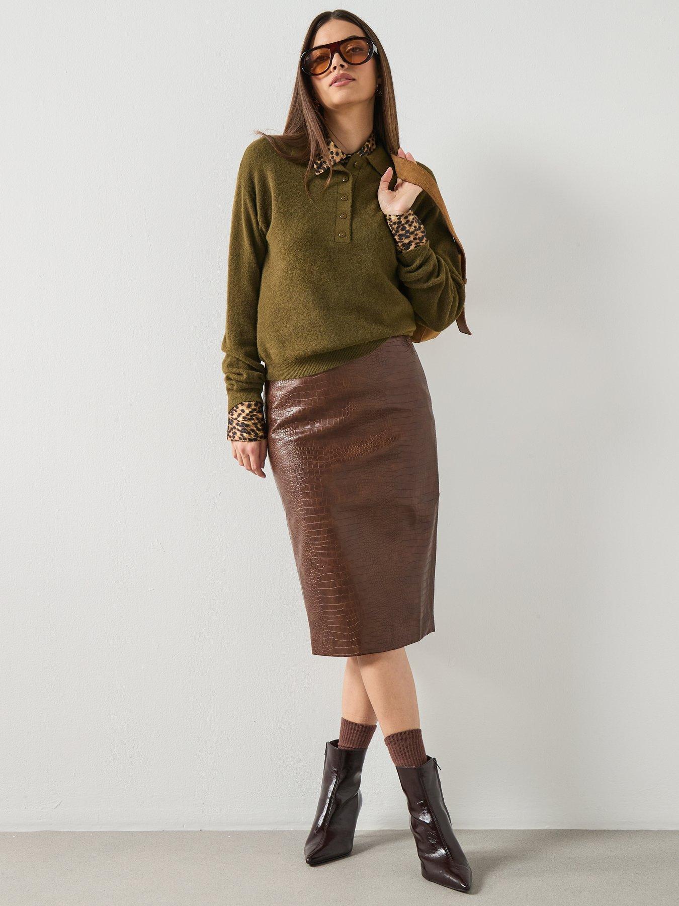 Image 3 of 6 of Mango Croc-effect Midi-skirt - Brown