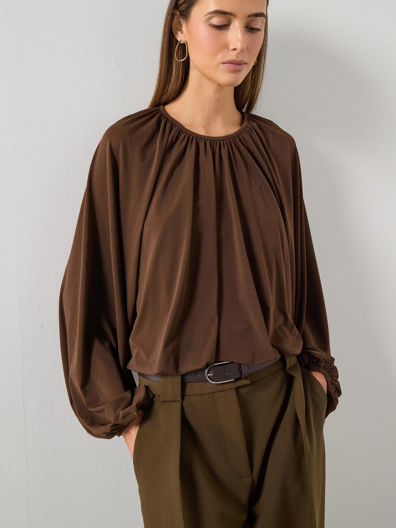  image of mango-fine-knit-ruched-blouse-nbspbrown