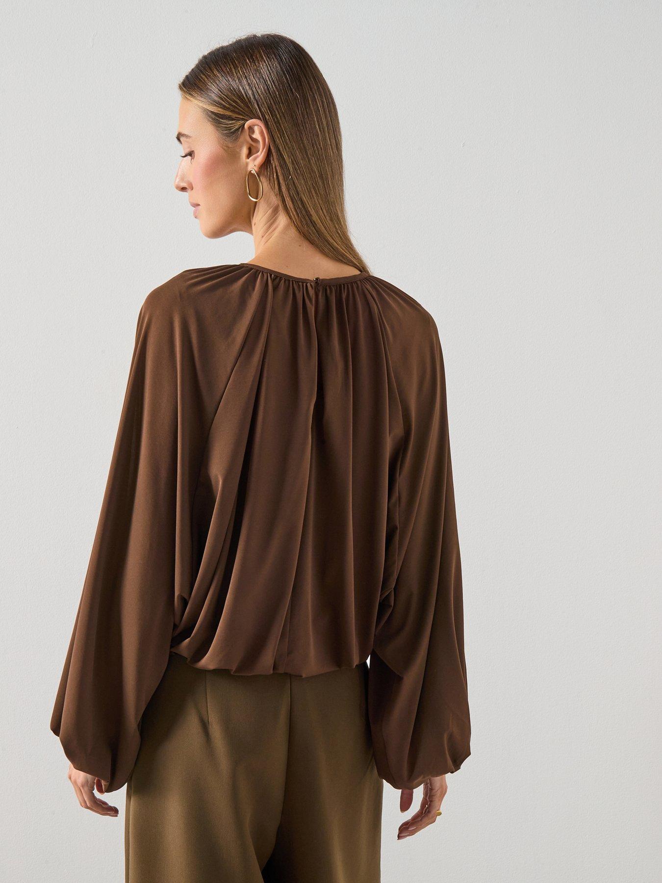  image of mango-fine-knit-ruched-blouse-nbspbrown