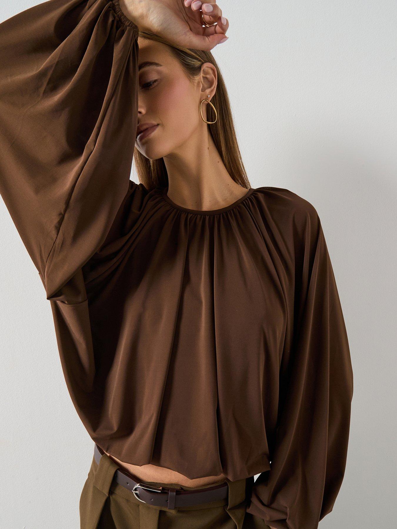  image of mango-fine-knit-ruched-blouse-nbspbrown