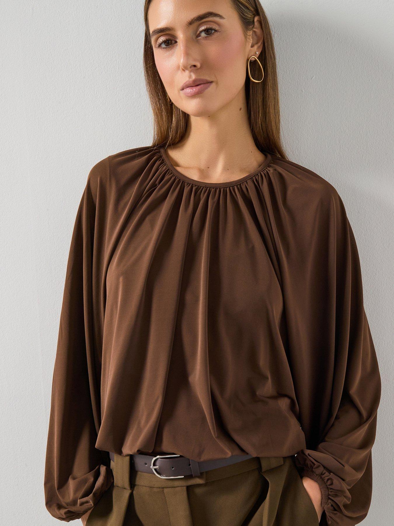  image of mango-fine-knit-ruched-blouse-nbspbrown