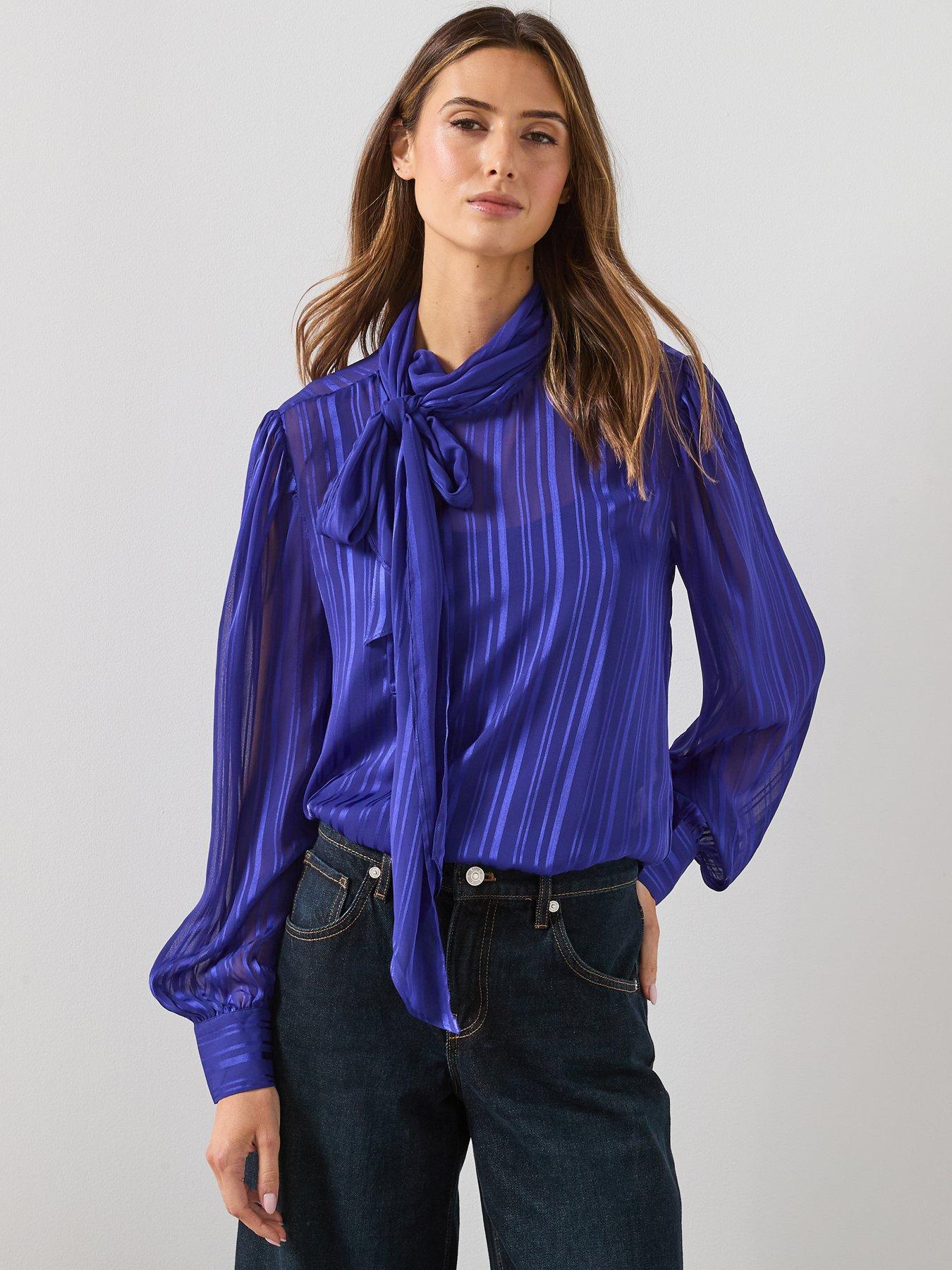  image of mango-striped-blouse-with-scarf-blue