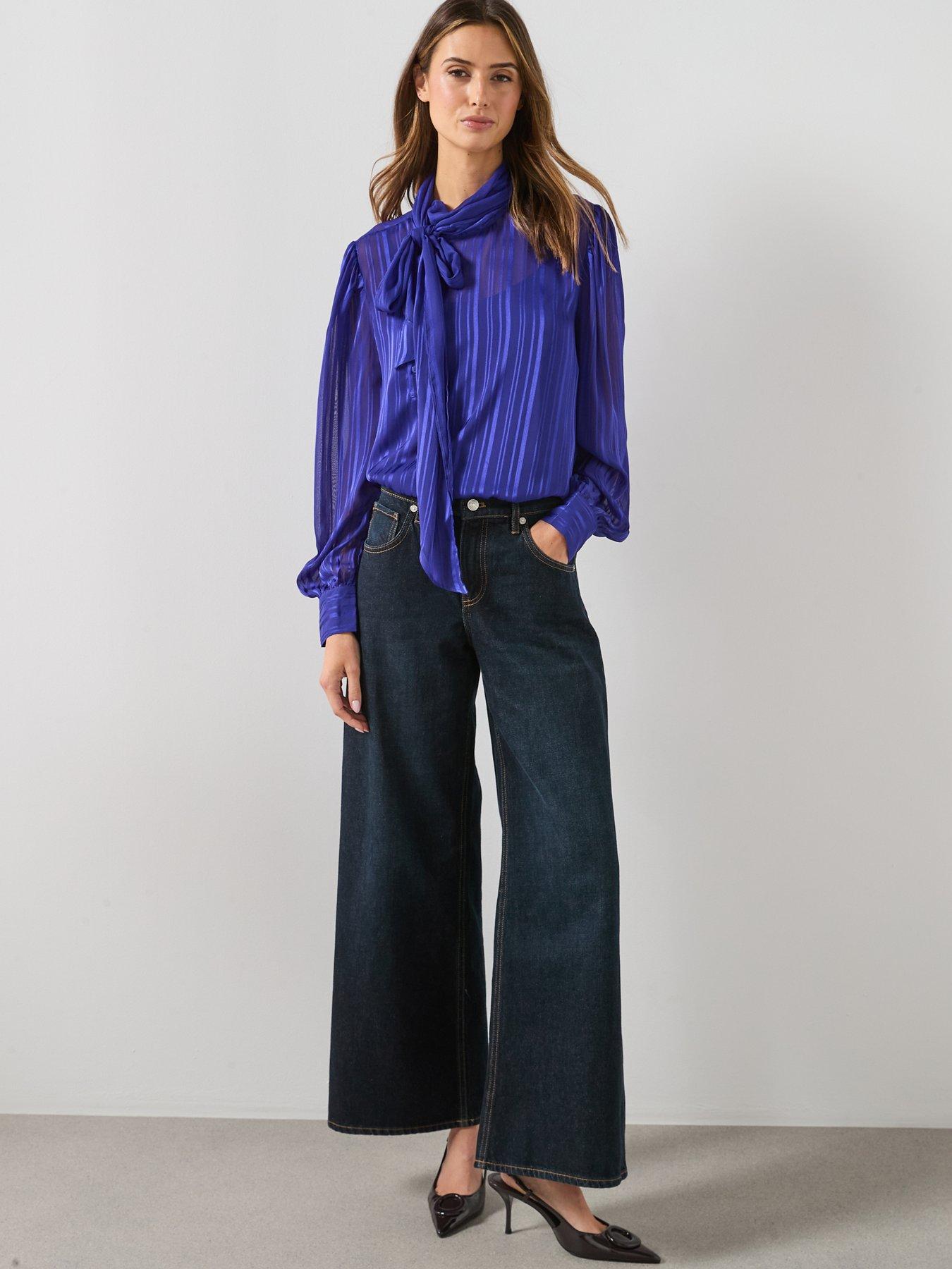  image of mango-striped-blouse-with-scarf-blue