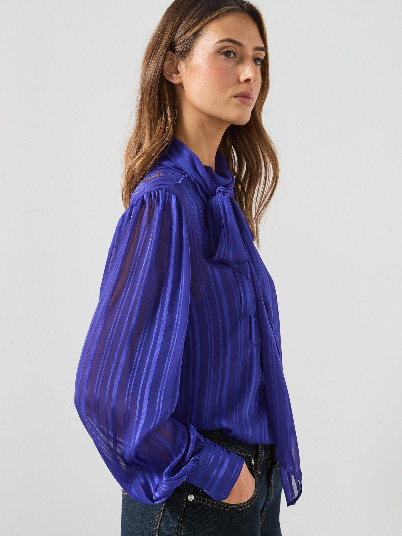  image of mango-striped-blouse-with-scarf-blue
