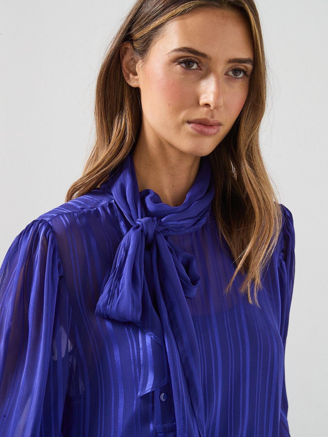  image of mango-striped-blouse-with-scarf-blue