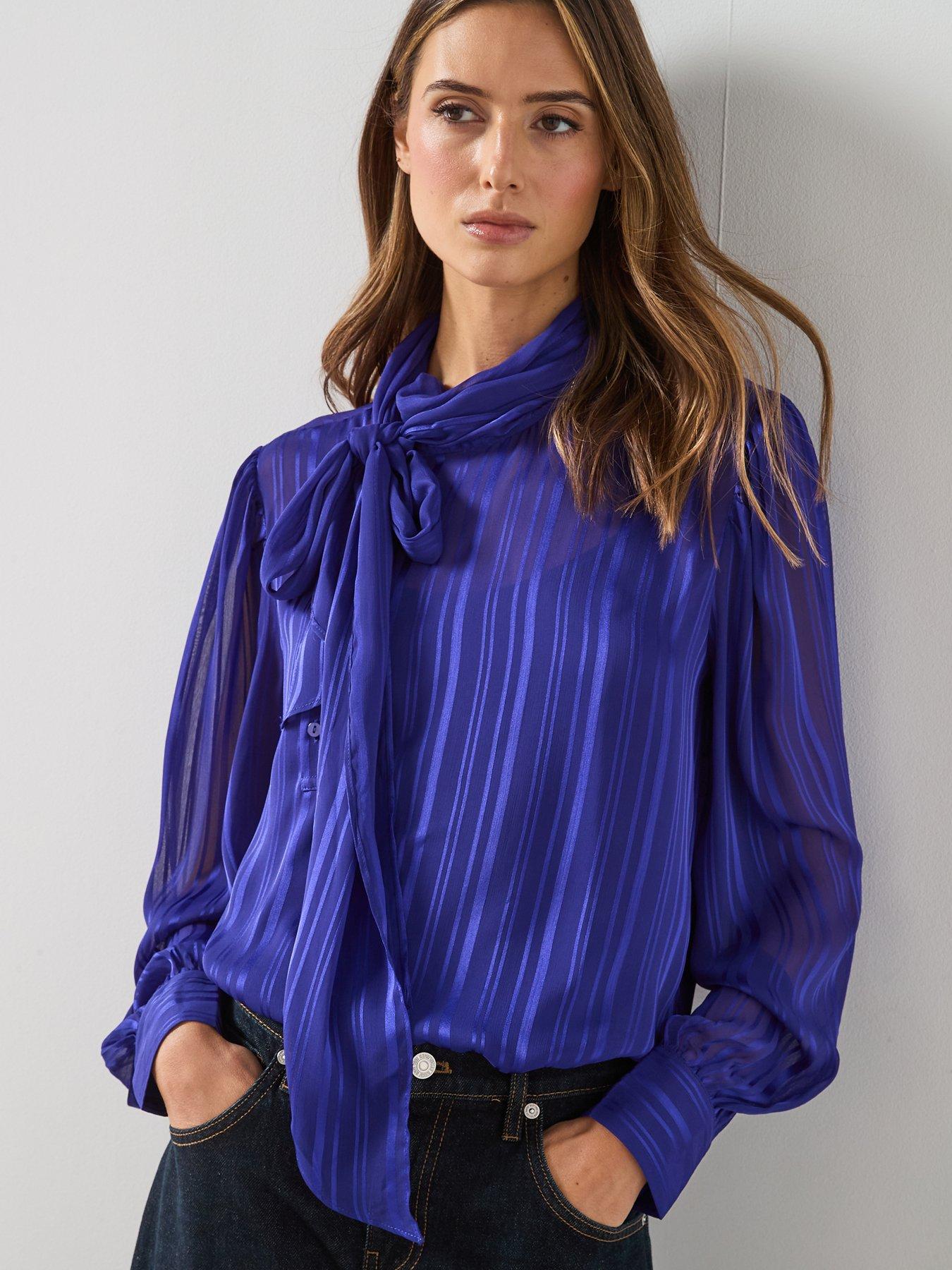  image of mango-striped-blouse-with-scarf-blue