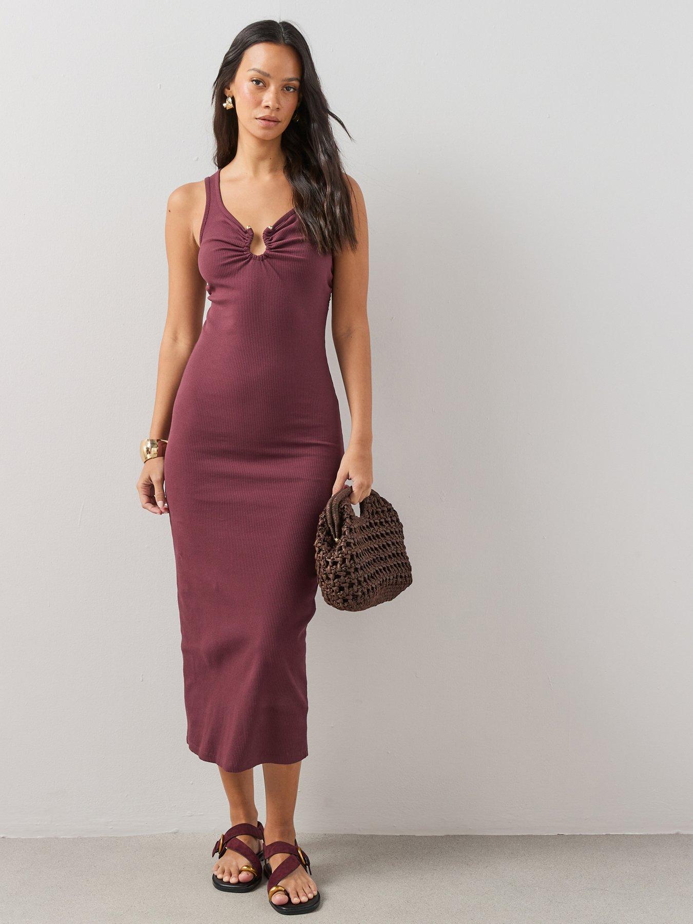 The Very Collection Trim Detail Ribbed Midaxi Dress - Berry