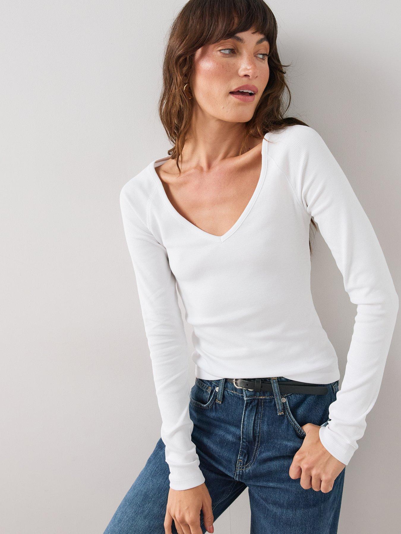 Image 1 of 7 of The Very Collection Deep V Neck Raglan T-Shirt - White