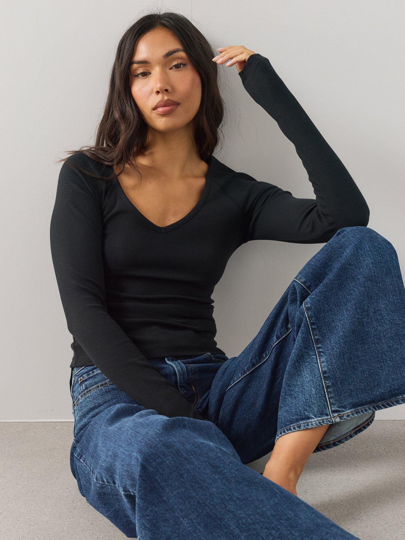 Image 1 of 7 of The Very Collection Deep V Neck Raglan T-Shirt - Black