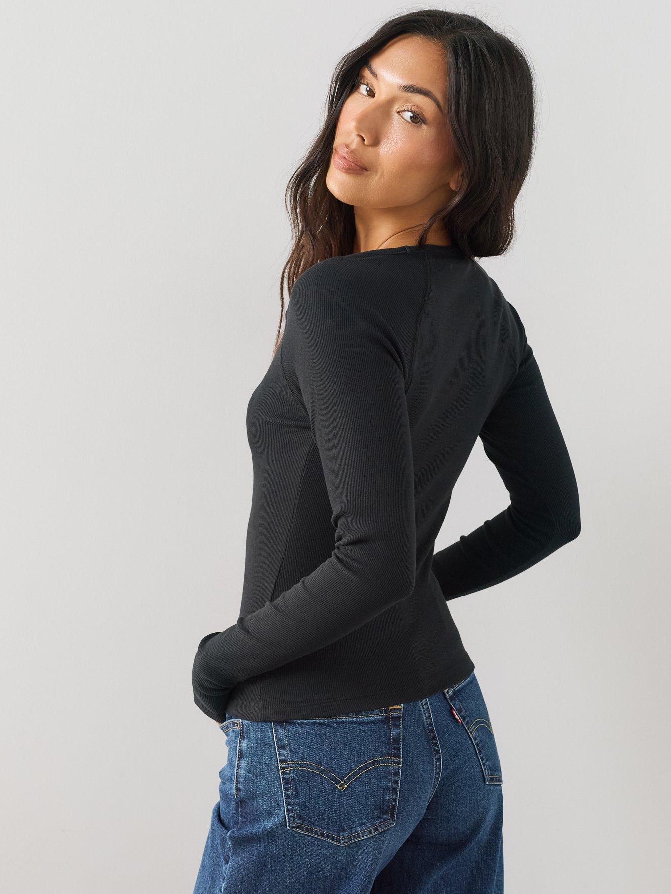 Image 2 of 7 of The Very Collection Deep V Neck Raglan T-Shirt - Black