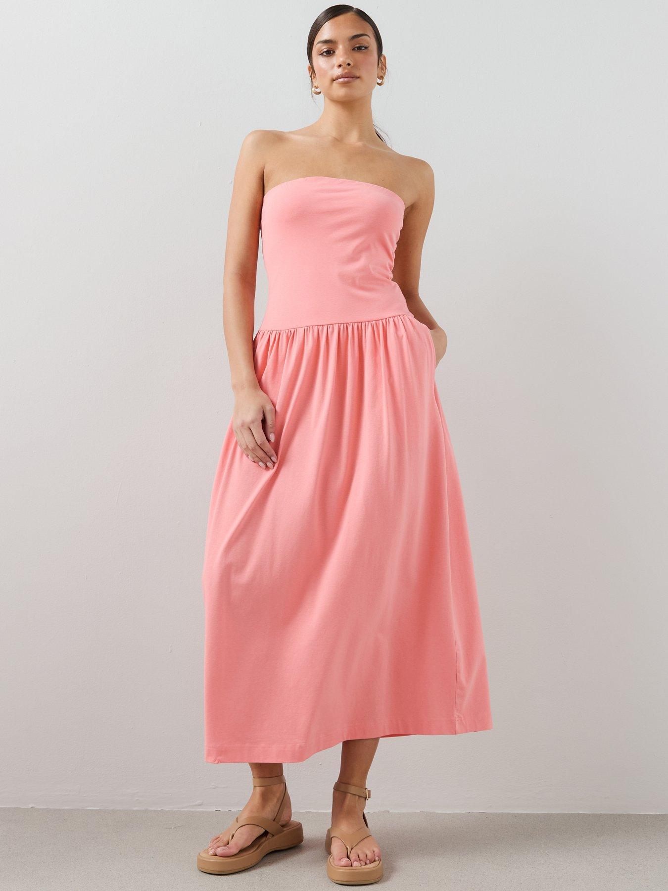 The Very Collection Bandeau Cotton Midaxi Dress With Pockets - Coral