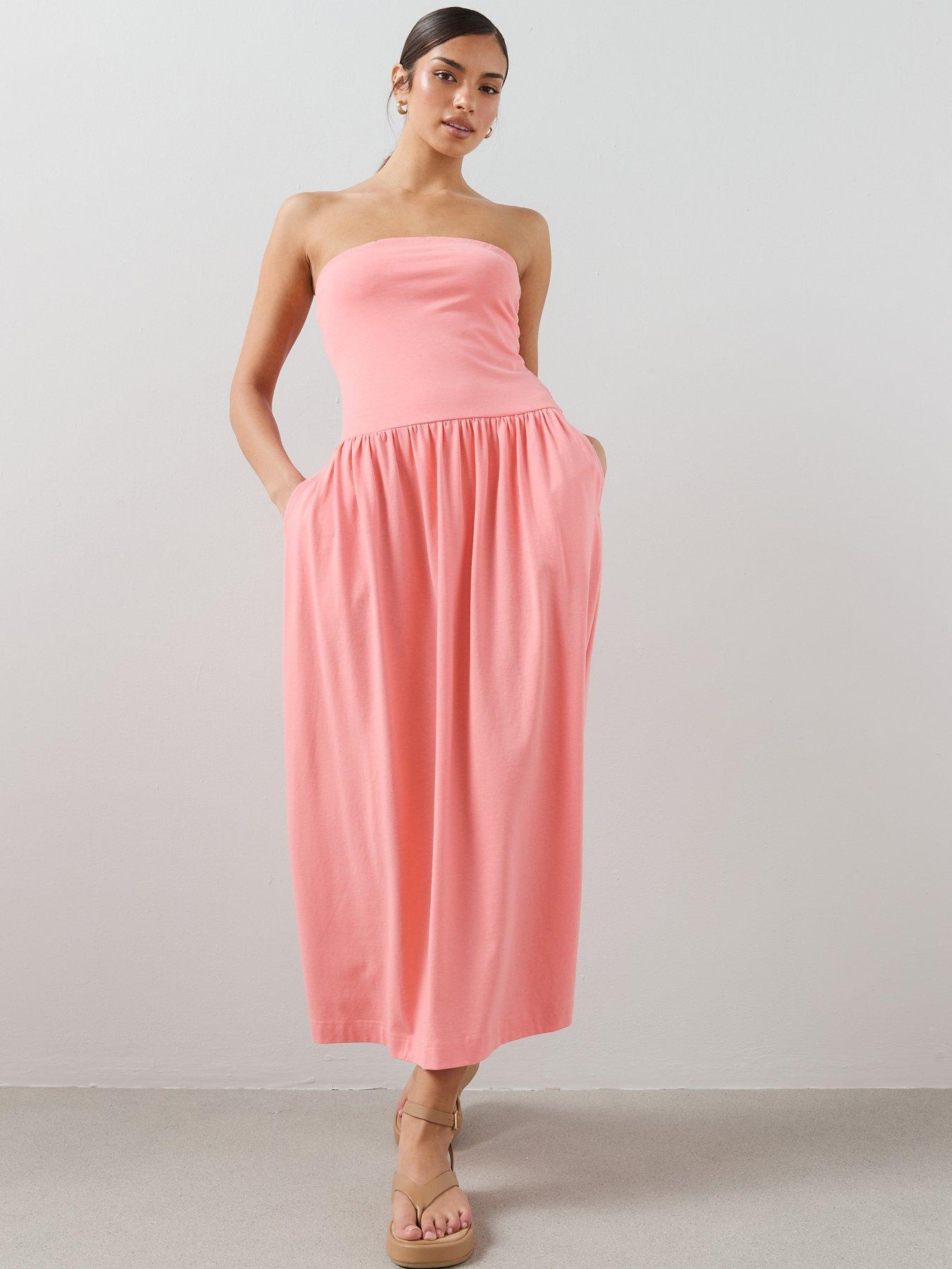 Image 3 of 7 of The Very Collection Bandeau Cotton Midaxi Dress With Pockets - Coral