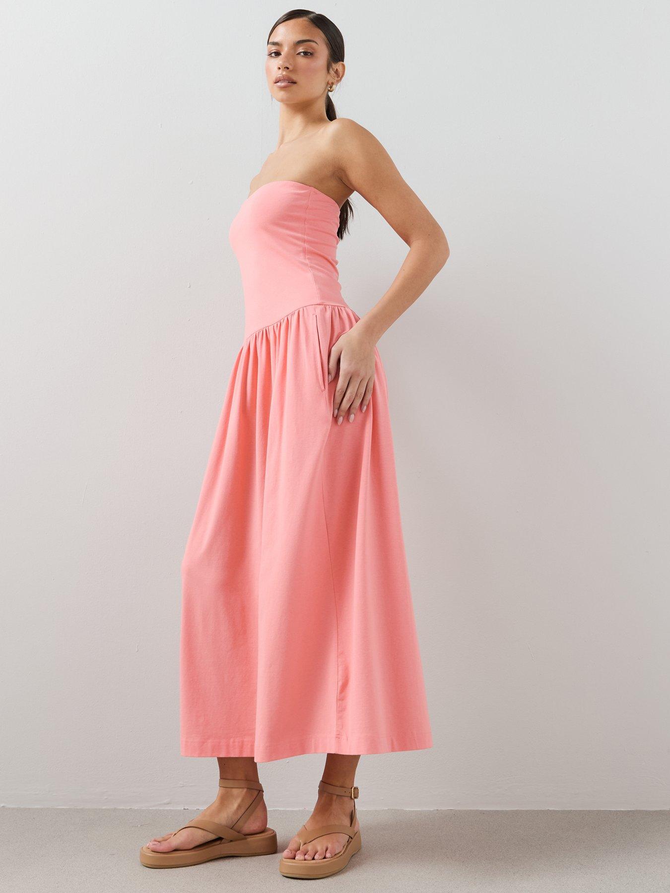 Image 6 of 7 of The Very Collection Bandeau Cotton Midaxi Dress With Pockets - Coral