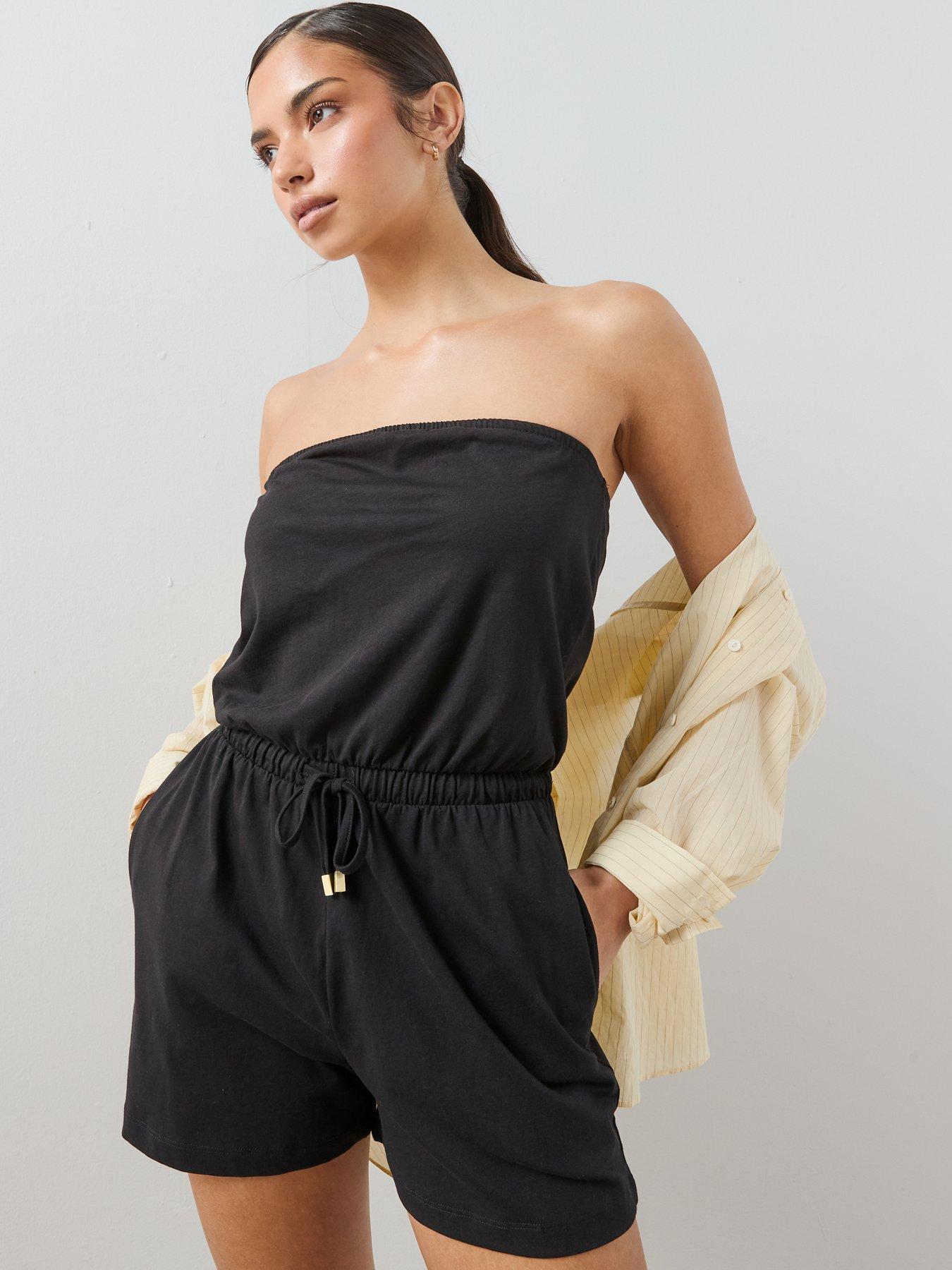 Image 1 of 6 of The Very Collection Tie Waist Cotton Playsuit - Black