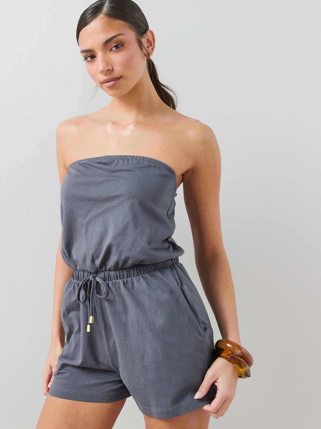 Image 1 of 7 of The Very Collection Tie Waist Cotton Playsuit - Blue