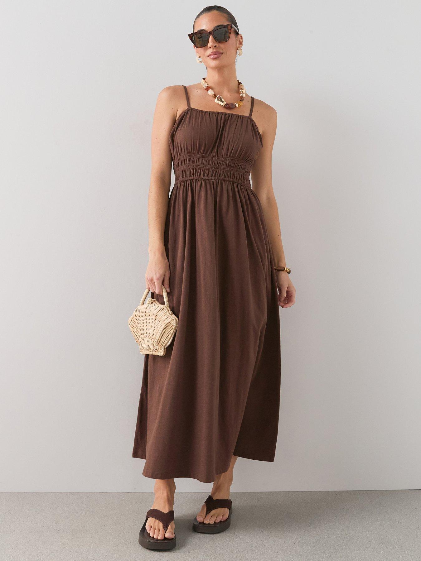 The Very Collection Shirred Cotton Cami Midaxi Dress - Brown