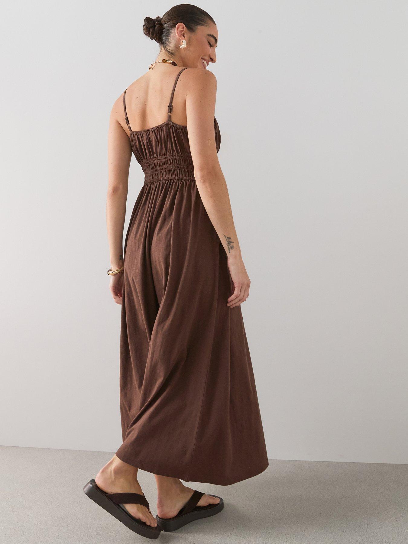 Image 2 of 7 of The Very Collection Shirred Cotton Cami Midaxi Dress - Brown