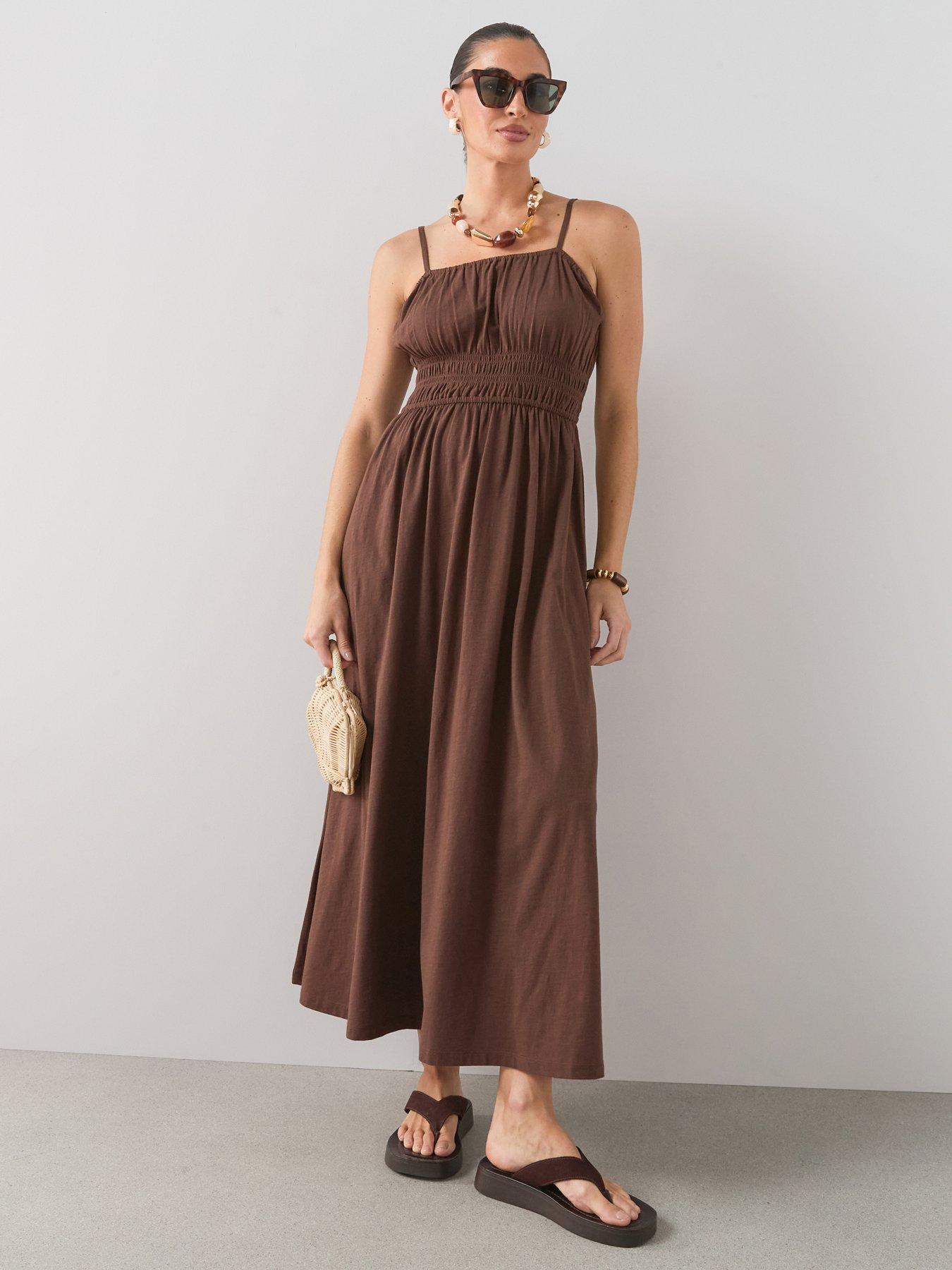 Image 3 of 7 of The Very Collection Shirred Cotton Cami Midaxi Dress - Brown