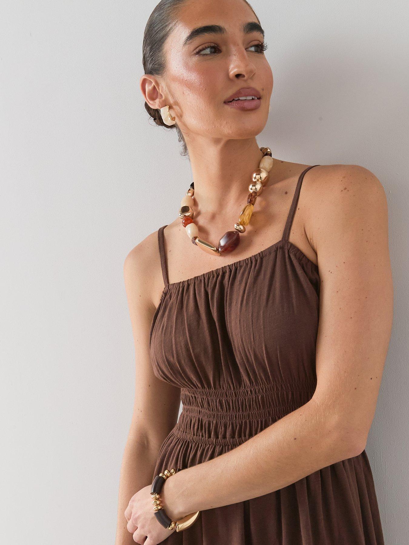 Image 4 of 7 of The Very Collection Shirred Cotton Cami Midaxi Dress - Brown