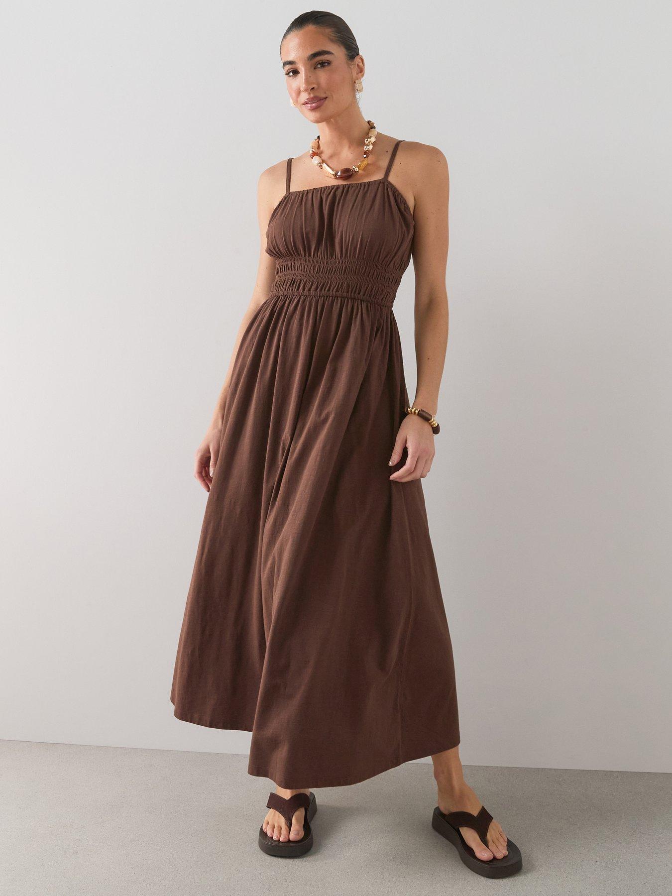 Image 5 of 7 of The Very Collection Shirred Cotton Cami Midaxi Dress - Brown