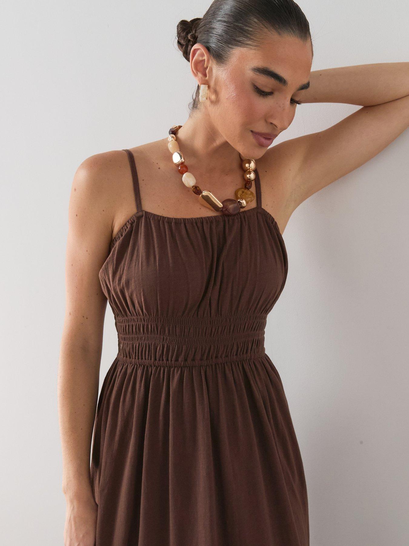 Image 6 of 7 of The Very Collection Shirred Cotton Cami Midaxi Dress - Brown