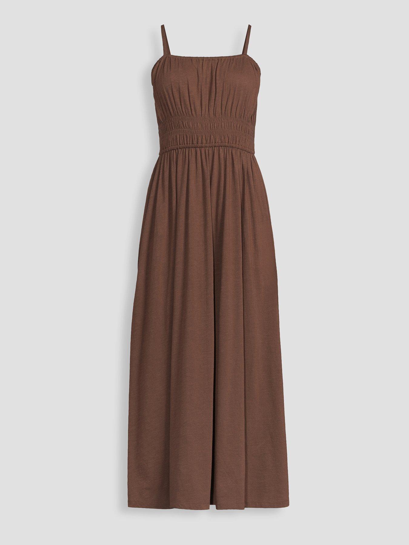 Image 7 of 7 of The Very Collection Shirred Cotton Cami Midaxi Dress - Brown