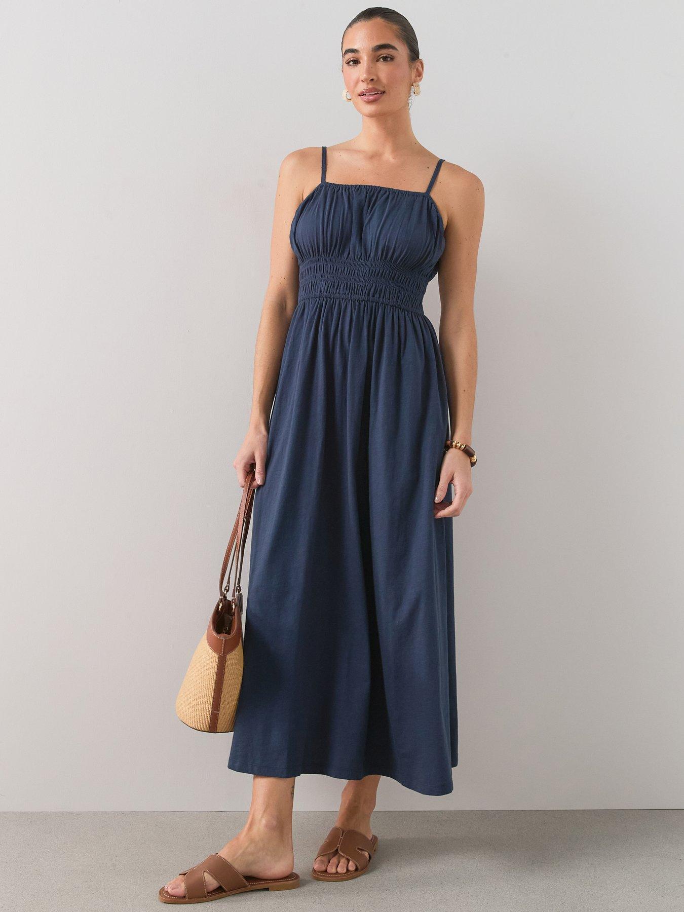 The Very Collection Shirred Cotton Cami Midaxi Dress - Blue