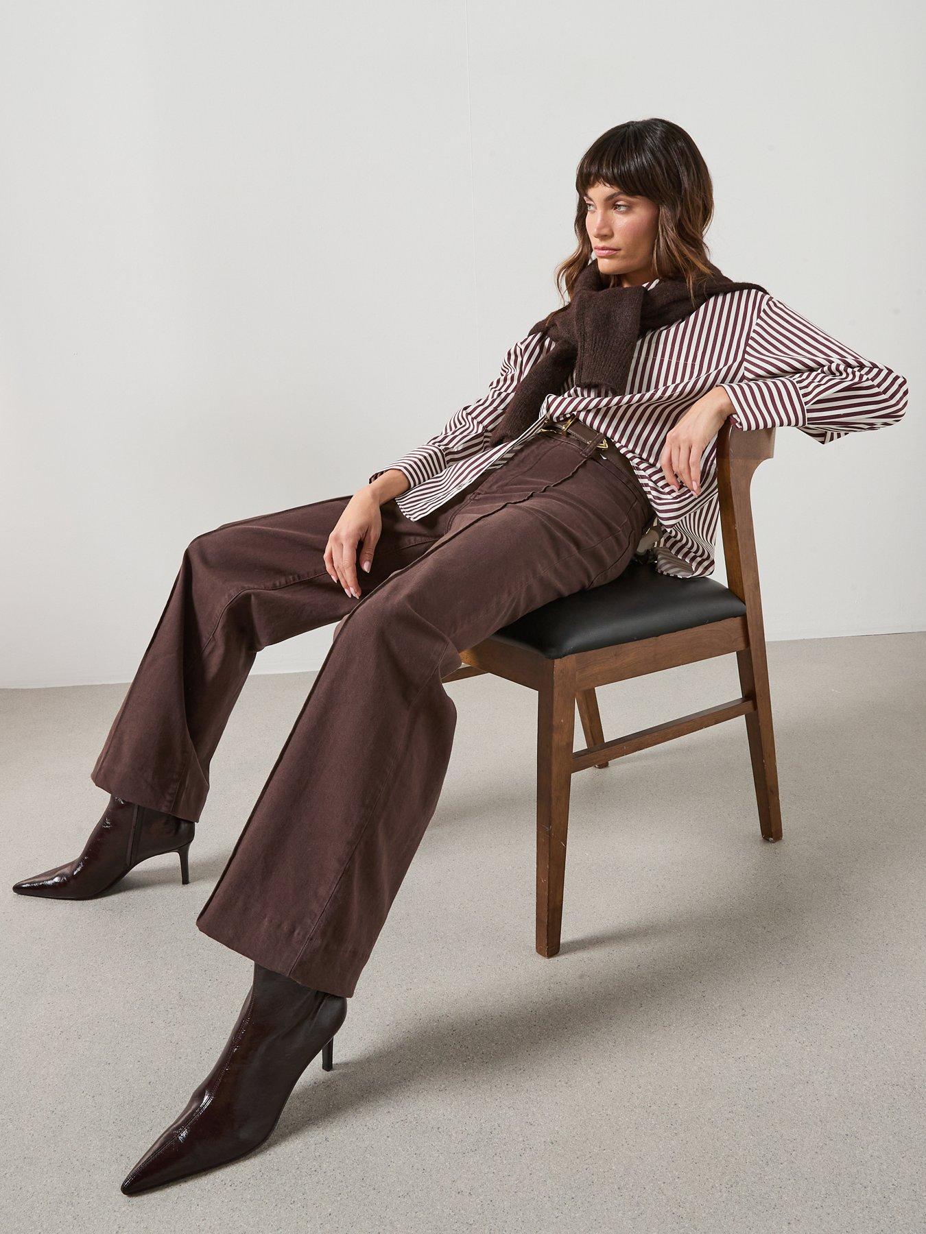 Image 4 of 6 of Mango High Waist Wide Leg Jeans With Stitching - Brown