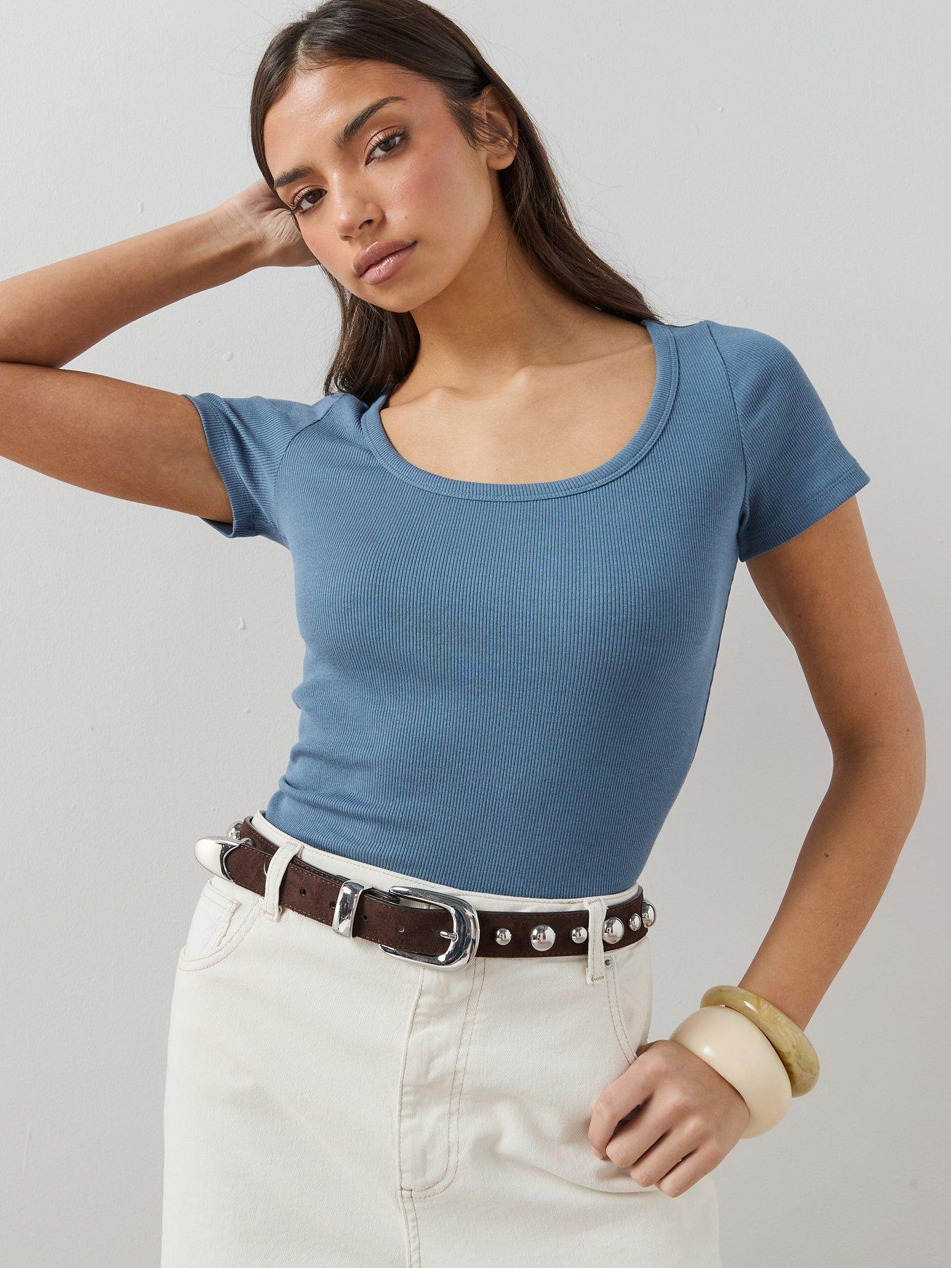 The Very Collection Stretch Rib Scoop Neck T-Shirt - Blue