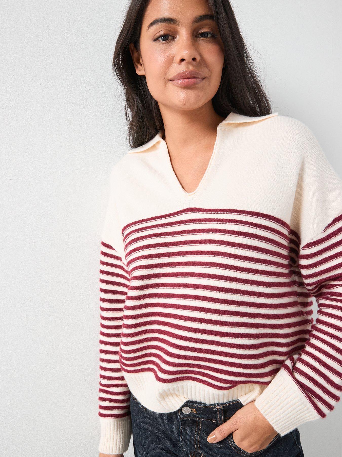 Image 1 of 4 of Mango Striped Polo-Neck Sweater - Beige