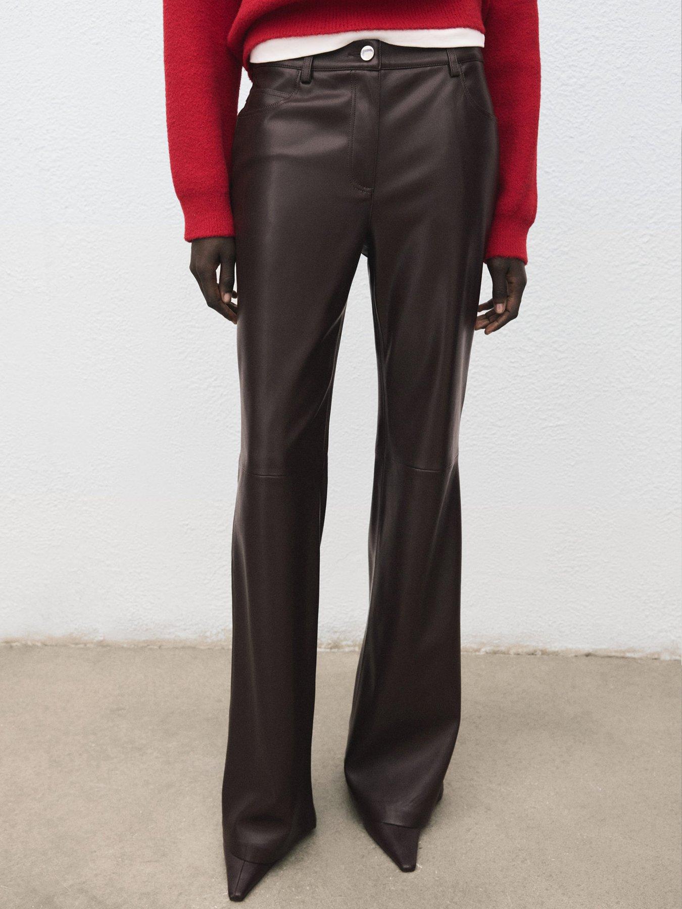  image of mango-faux-leather-flared-trousers-brown