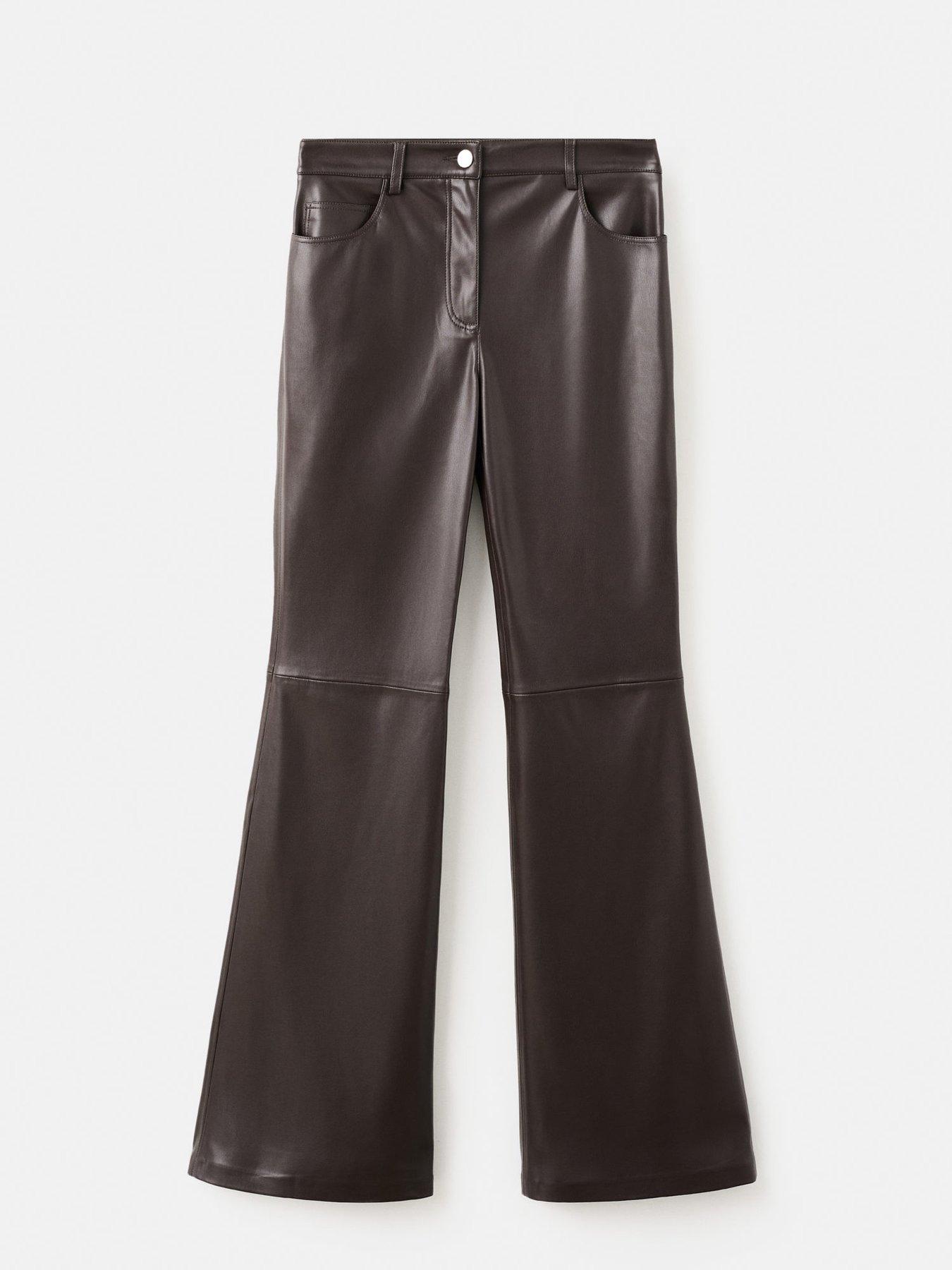  image of mango-faux-leather-flared-trousers-brown